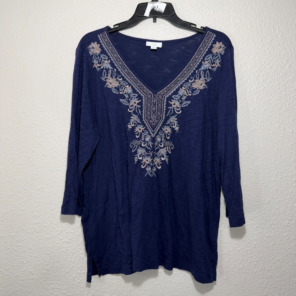 J.Jill L Petite Women's Navy Blue Embroidered Tunic Top BalletCore 3/4 Sleeve - Picture 2 of 9